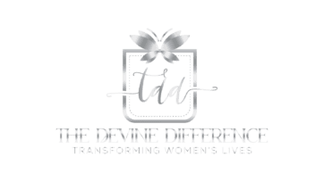 Logo of "the divine difference" featuring stylized white lotus above cursive lettering, with the tagline "transforming women's lives," set against a deep green background.